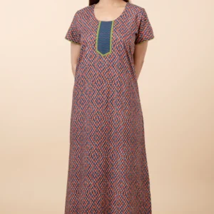Geometric Printed Cotton Nighty - Maroon
