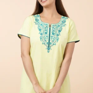 Solid Cotton Nighty with Embroidered Yoke - Lime Green