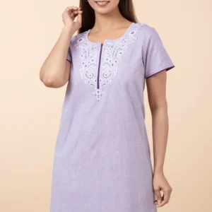 Solid Cotton Nighty with Embroidered Yoke - Purple
